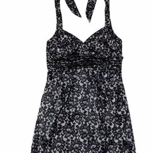 RUBY Rox Black Champagne Floral Lace Halter Dress